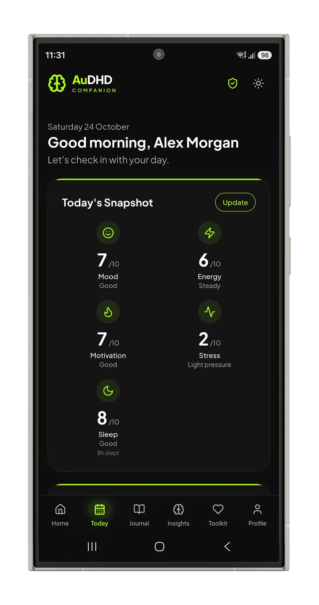AuDHD Companion Today screen with a daily snapshot of mood, energy, motivation, stress and sleep.