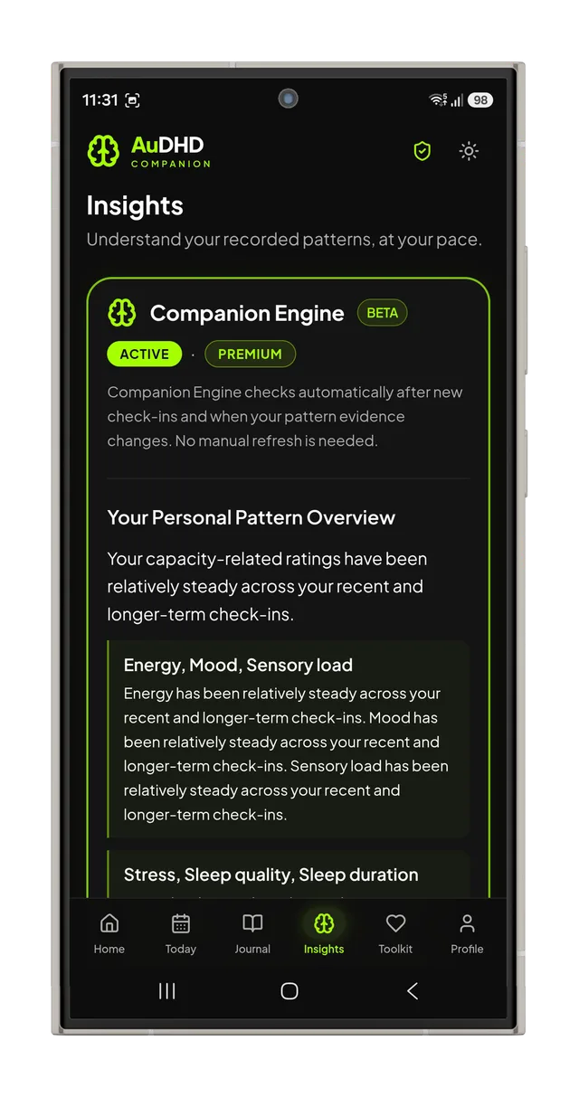 AuDHD Companion Insights showing Companion Engine BETA and Your Personal Pattern Overview.