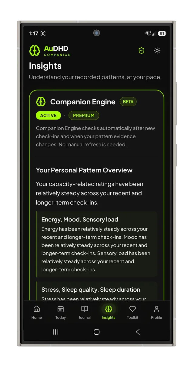 AuDHD Companion Insights showing Companion Engine BETA and Your Personal Pattern Overview