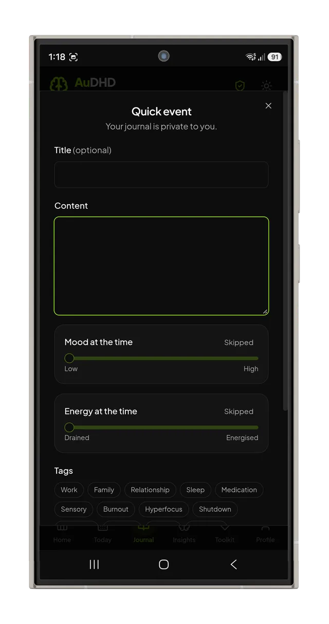 Journal quick event capture with optional mood, energy and tags