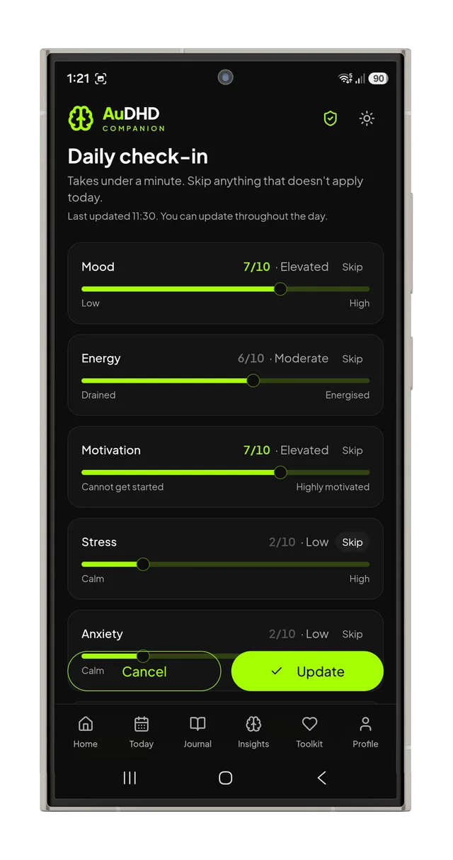 Daily check-in with mood, energy, motivation, stress and anxiety ratings