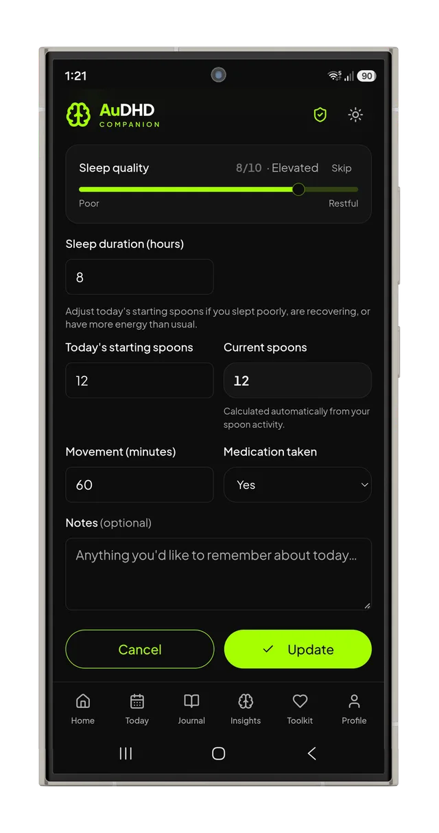 Daily check-in with sleep, starting spoons, movement and optional context